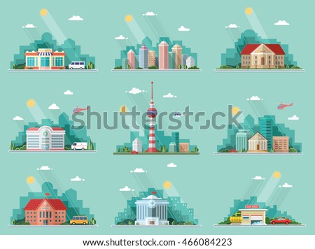 Mega Set of icons for your design. School, Town Hall, the university, hospital, church, TV, city, museum, supermarket, car wash, Bank. Flat style vector illustration.