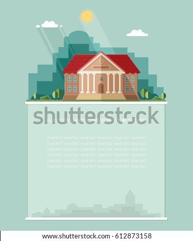 Blank for text. Exterior. College building. University building icon. Study banner. Flat vector Infographics design