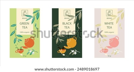 Vector set of design elements for tea packaging - white, black and green tea. Branding, packaging. Tea packaging sticker. Box design concept.