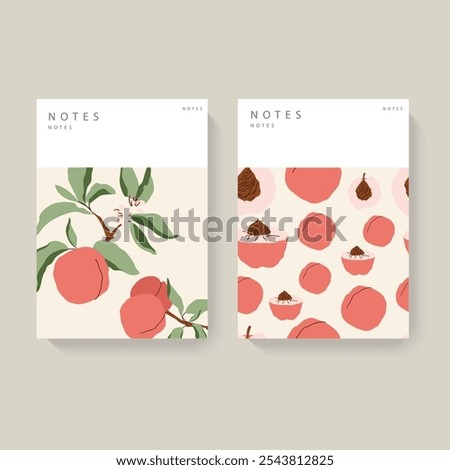 Two illustrated notebooks with peach patterns on a light beige background. Minimalist design with a white header for text. Concept of stationery