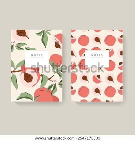 Two illustrated notebooks with peach patterns on a light beige background. Minimalist design with a white header for text. Concept of stationery