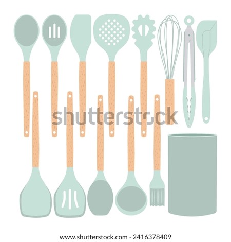 Kitchen utensils set. Kitchenware, cooking tools. Silicone kitchen utensil set with storage bucket. Minimalistic flat vector isolated on white background.