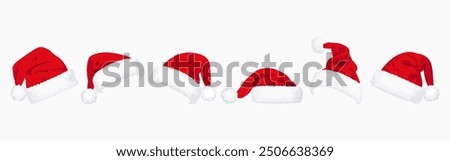 Set of red Christmas Santa Claus hats isolated on white background. Hand drawn simple Santa hats.