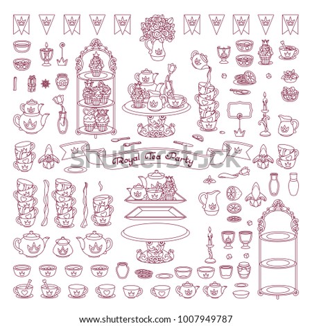vector Royal tea party trendy flat clipart. Cute tasty breakfast set. Fun festive wedding rich dishes elements. Ceramic tableware. black outline object icon design. Line graphics box isolated on white