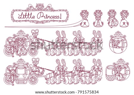 vector Little Princess trendy flat girlish concept. Cute Cinderella carriage. Sweetheart girl. Cartoon character elements black and white outline illustration. Line graphics set isolated background 2