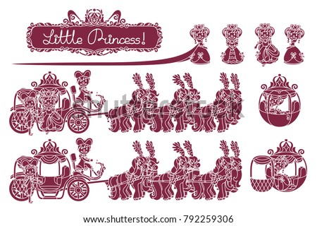 vector Little Princess silhouette girlish concept. Cute Cinderella carriage. Girl figure shape. Cartoon character elements black and white outline illustration. Line graphics set isolated background 2