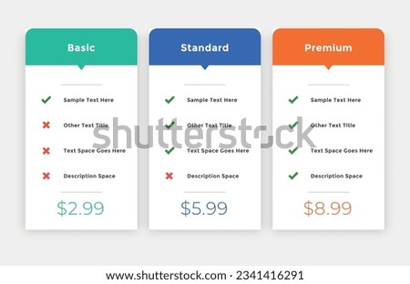 Three rectangular pricing tables or subscription plans with list of features to compare and select - light, pro, business. Neumorphic infographic design template. Modern vector illustration for.
