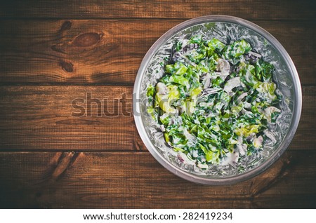 Closeup of homemade salad made of fresh salad, chives, parsley, greek yogurt, radish, salt, pepper and red onion