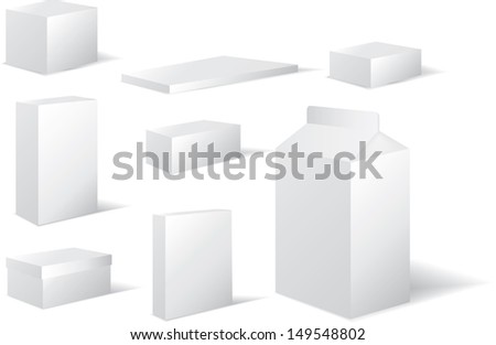 packaging in white card in different square and rectangle shapes inc milk carton