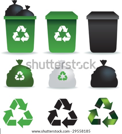 Illustration of  a set of rubbish bins and recycle symbols