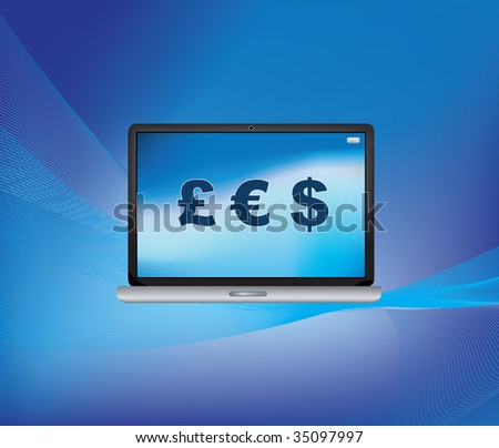 e-commerce illustration of money symbols on a laptop