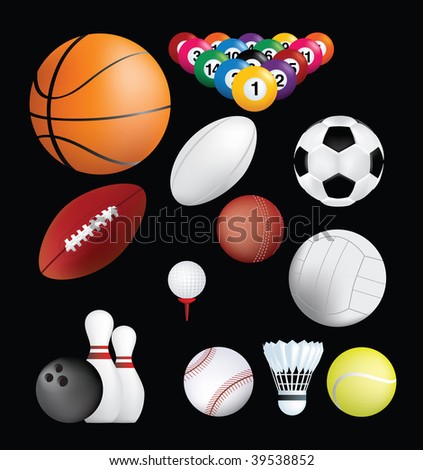 detailed set of sports ball on black background