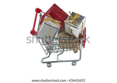 shopping trolley viewed from above on white background full of presents