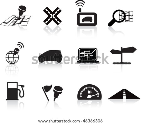 navigation road travel collection of icons silhouette  set