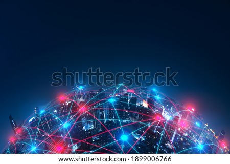 Network Connection technology and Smart city concept.5G network digital hologram and internet of things on city background.5G networking wireless systems.