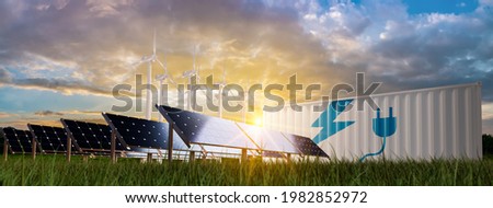 solar cell plant and wind generators in the urban area connected to the smart grid. Energy supply, eolic turbine, distribution of energy, Powerplant, energy transmission, high voltage supply concept.
