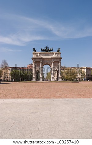 Arco della Pace in Piazza Sempione (Arch of Peace in Simplon Square). It is a neoclassical triumph arch, 25 m high and 24 m wide, built between 1807 and 1838.