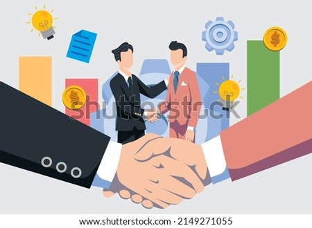 Partnership Concept. Financing of creative projects. Handshake of two business men. Agreement of parties. Signing documents. The investor holds money in ideas. Business team. Vector illustration