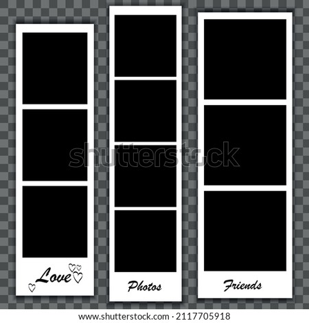 Photo booth picture frames. Vintage snapshots, instant photos and photographs strips vector illustration set