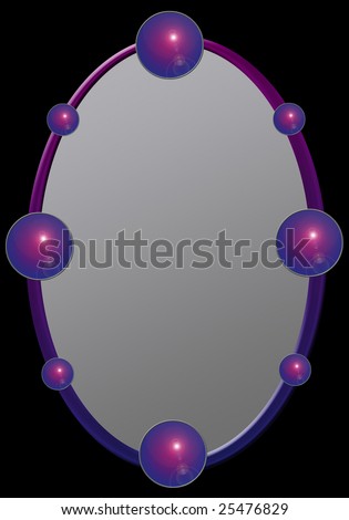 black background with a plastic oval purple colored frame and purple colored balls around