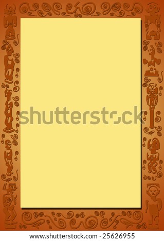 yellow background with a red-brown border and plastic african signs and symbols around