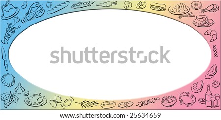 gradient colored background in landscape format with food symbols and an oval white frame for filling with content