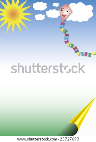 background with a rolled edge. Blue sky with white clouds and the sun and a colorful paper kite
