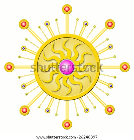 golden decorative badge on black background with colorful jewels and a big ball in the center