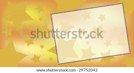 golden greeting card in landscape format with transparent stars and a transparent frame for content to be added