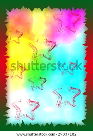 background with a jagged gradient colored border and painted stars on a aquarell background