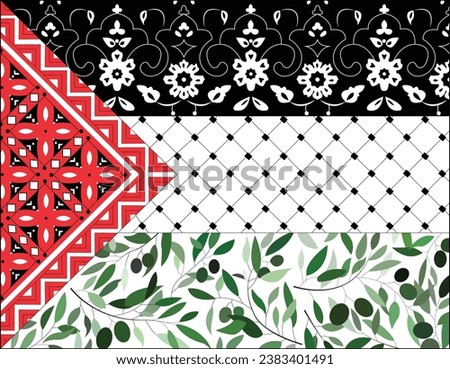 PALESTINE flag from ornaments and olives and Palestinian scarf which called in arabic kufiya, olive tree with olives, suitable for social media meda and t shirt prints, good for posters and banners