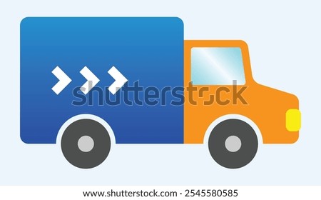 A truck with an orange cab and a blue cargo area. Three white arrow symbols point right on the cargo area, symbolizing movement or progress, suitable for delivery or logistics themes and icon and logo