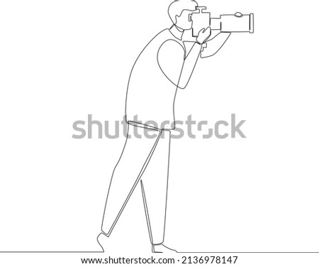 Simple continuous line drawing a people taking picture with tele lenses. Scenes from the Studio. Vector illustration.