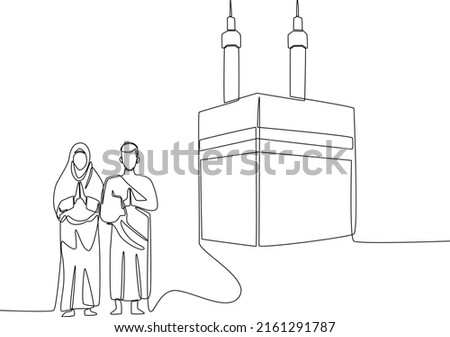 Continuous one line drawing Hajj pilgrims greeting in front of Kaaba. Hajj and umrah concept. Single line draw design vector graphic illustration. Stock fotó © 