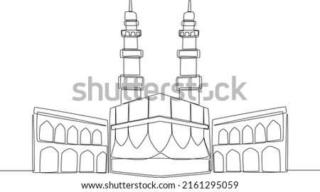 Continuous one line drawing Hajj or Pilgrimage Background. Hajj and umrah concept. Single line draw design vector graphic illustration.