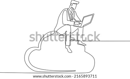 Single one line drawing businessman with laptop sitting on the cloud. Working big data concept. Continuous line draw design graphic vector illustration.