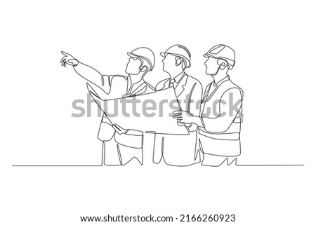 Continuous one line drawing engineering team checking construction plan in work area. Road and building construction concept. Single line draw design vector graphic illustration.