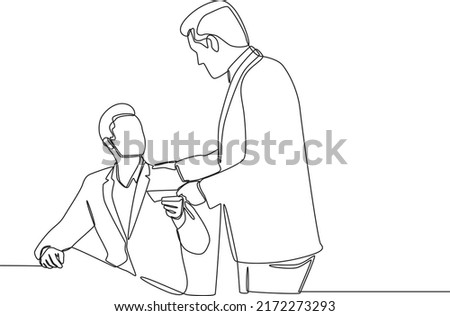 Continuous one line drawing Manager giving worker envelope salary at workplace. Salary concept. Single line draw design vector graphic illustration.