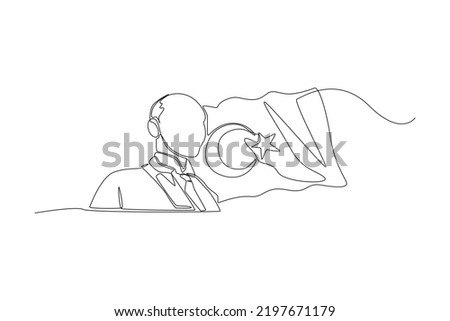 Single one line drawing Mustafa Kemal with turkey fag. Turkey Republic day concept. Continuous line draw design graphic vector illustration.
