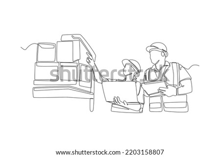 Continuous one line drawing female boss give direction to staff in warehouse. Boss move concept. Single line draw design vector graphic illustration.