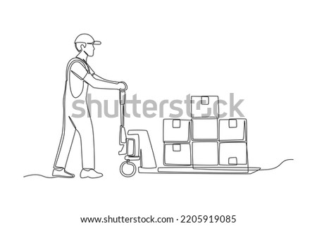 Single one line drawing man pushing hand pallet for moving box. Shipment and logistic concept. Continuous line draw design graphic vector illustration.