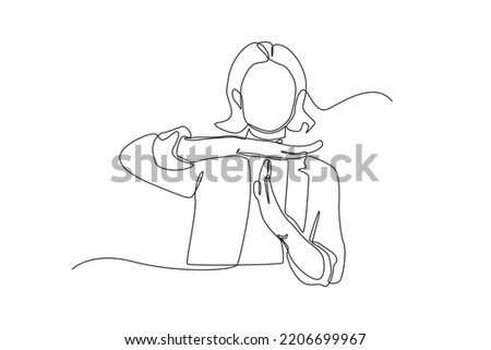 Continuous one line drawing . Business woman showing a timeout gesture hand, needs stop, Timer concept. Single line draw design vector graphic illustration.