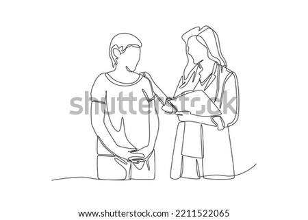 Continuous one line drawing female doctor explaining diagnosis to her patient. Doctor and Patient concept. Single line draw design vector graphic illustration.