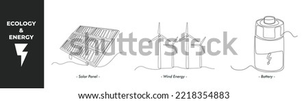 Single one line drawing energy and ecology concept set. Solar panel, wind energy and and Battery. Continuous line draw design graphic vector illustration.