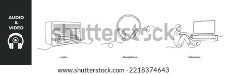 Continuous one line drawing winter audio and video concept set. Radio, Headset and Television flat screen. Single line draw design vector graphic illustration.
