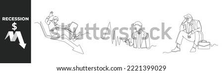 Single one line drawing recession economy set concept. Recession 2023. Businessman falling on the arrow, Presenting falling sales graph and have been laid off. Design graphic vector illustration.
