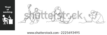 Continuous one line drawing fatigue set concept at work. Tired male office worker sitting. Woman keep ear closed and tired sitting at her working place in office. Single line draw design vector graph.