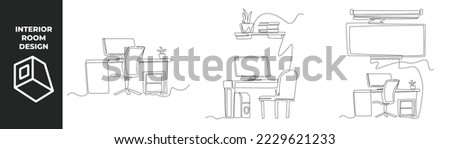 Single one line drawing office interior concept. Office desk, chair, computer, window and plant. Continuous line draw design graphic vector illustration.