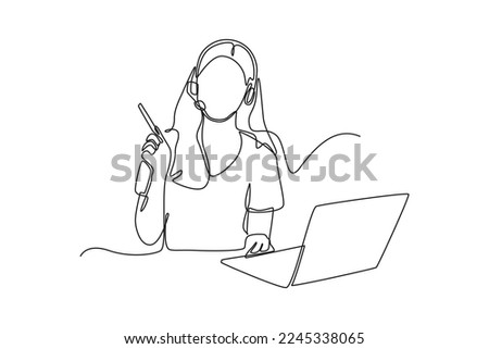 Continuous one line drawing Customer service is constantly interacting with different consumers and resources with laptop. Marketing Concept. Single line draw design vector graphic illustration.
