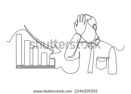 Single one line drawing Disappointed businessman because financial graph arrow is decreasing. Economics and Business Concept. Continuous line draw design graphic vector illustration.